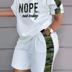 Letter Print Short Sleeve Top and Camouflage Shorts Set, women Two Piece Sets(plus), ChicMe catalog