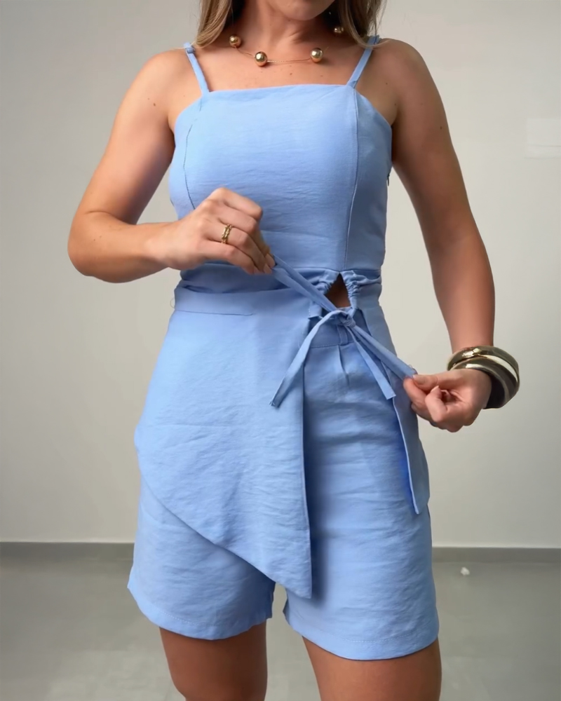 2 Pieces Outfit Sleeveless Drawstring Asymmetric Design Cut Cami Top and Casual Pleated High Waist Straight Leg Shorts Set, women Two-piece Sets, ChicMe catalog