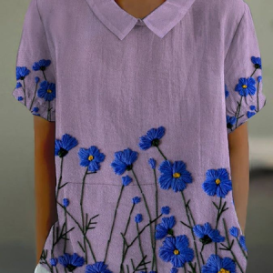 Women Floral Short Sleeve Shirt Summer Printing Shawl Collar Daily Casual Top, JustFashionNow Shirts, color:Purple|size:5XL,