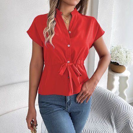 Women Plain Short Sleeve Shirt Summer Lace-up V Neck Daily Casual Top, JustFashionNow Blouses, color:Red|size:XXL,