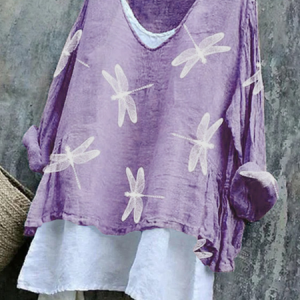 Vintage Dragonfly Cotton V Neck T-Shirt, Long sleeves, Lilicloth.com