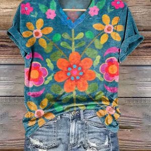 Women Floral Short Sleeve Tee T-shirt V Neck Casual Summer Top, JustFashionNow T-Shirts, color:Blue|size:4XL,