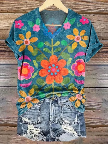 Women Floral Short Sleeve Tee T-shirt V Neck Casual Summer Top, JustFashionNow T-Shirts, color:Blue|size:4XL,