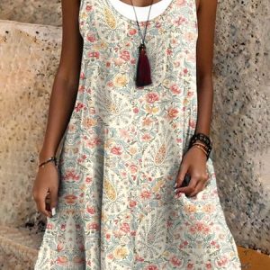 Women Vacation Floral Print Crew Neck Sleeveless Comfy Casual Midi Dress, Dresses, color:As Picture|size:3XL, catalog Noracora shop