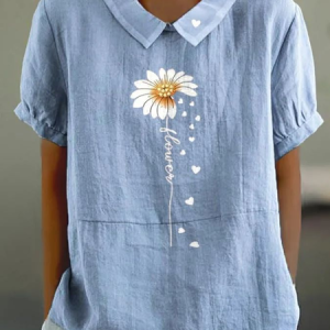 Shawl Collar Short Sleeve Floral Printing Lightweight Loose Shirt For Women, Blouses, color:Blue|size:5XL, catalog Noracora shop