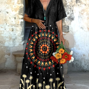 Women Floral V Neck Short Sleeve Comfy Casual Maxi Dress, Maxi, color:Black|size:4XL, catalog Noracora shop