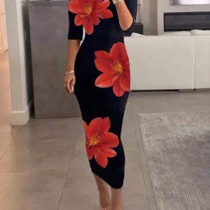 Casual Floral Printing Crew Neck Midi Dress, Midi Dresses, color:Black-red|size:XXL, Stylewe