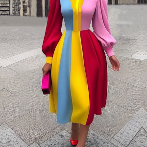 Elegant Color Block  Midi Dress, Midi Dresses, color:As Picture|size:XXL, Stylewe