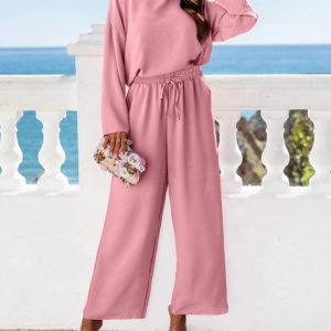 Round Neck Long Sleeve Top and Casual Tied Waist Wide Leg Pants Set, women Two-piece Sets, ChicMe catalog