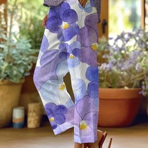 Women Floral Long Pant Casual Spring/Fall Trousers, JustFashionNow Pants, color:Purple|size:4XL,