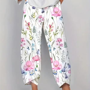 Women Floral Capris Pant Casual Summer Trousers, JustFashionNow Pants, color:White|size:5XL,