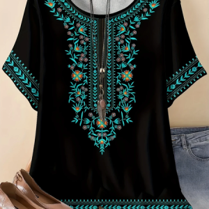 Vintage Ethnic Geometry Crew Neck Three Quarter Sleeve T-shirt, T-shirts, color:As Picture|size:4XL, catalog Noracora shop