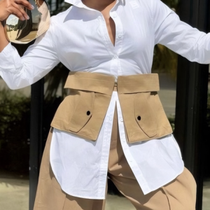 Cotton Casual Plain Shirt With Belt, Blouses and Shirts, color:White|size:XXL, Stylewe