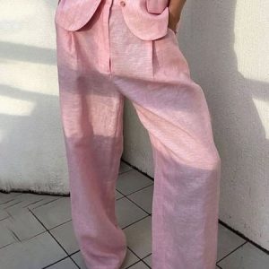 Urban Plain Cotton And Linen Straight Pants, Pants, color:Pink|size:XXL, Stylewe
