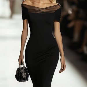 Elegant Plain Mesh Split Joint Cold Shoulder Knee Length Dress, Midi Dresses, color:Black|size:XS, Stylewe