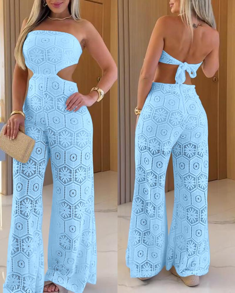 Bandeau Eyelet Embroidery Tied Detail Back Overalls Casual Waist Cutout Jumpsuit(With Lining), women Jumpsuits, ChicMe catalog