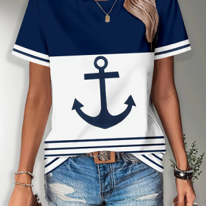 Women Anchor Short Sleeve Tee T-shirt Crew Neck Printing Casual Summer Graphic Tee Top, JustFashionNow T-Shirts, color:Purplish Blue|size:XXL,