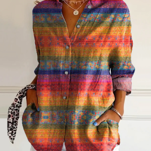 Ethnic Colorful Printed Shirt Collar Long Sleeve Comfy Loose Shirt For Women, Shirts, color:As Picture|size:4XL, catalog Noracora shop
