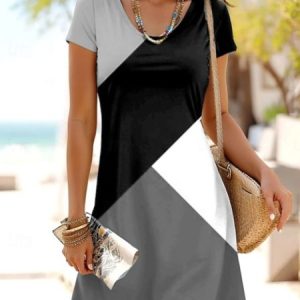 Women Colorblock Print V Neck Short Sleeve Comfy Casual Midi Dress, Dresses, color:Black-grey|size:4XL, catalog Noracora shop