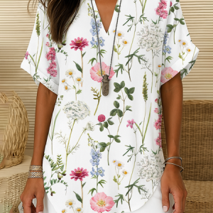 Women Floral Short Sleeve Shirt Summer Printing V Neck Daily Casual Top, JustFashionNow Shirts, color:White|size:5XL,