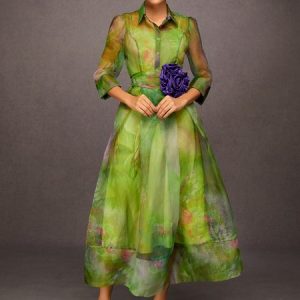 Elegant Abstract Print Maxi Dress With Floral Belt, Maxi Dresses, color:Green|size:XXL, Stylewe