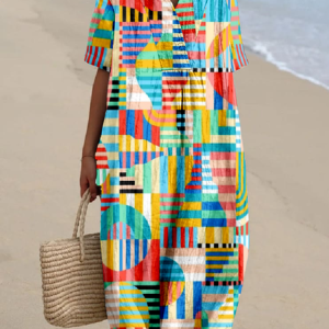 Vintage V Neck Multicolor Block Cotton-Blend Dress With No, Dresses, Lilicloth.com