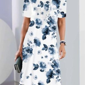 Women Floral Summer Dress Crew Neck Sleeveless A-Line Dress, Dresses, color:White|size:3XL, catalog Noracora shop