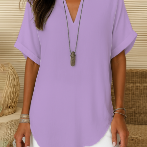 V Neck Short Sleeve Plain Printing Regular Loose Shirt For Women, Blouses, color:Purple|size:S, catalog Noracora shop