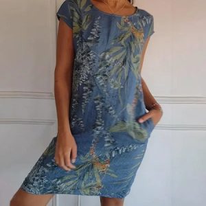 Women Leaf Sleeveless Summer Pocket Stitching Dress Crew Neck Daily Casual Mini Fit & Flare Dress A-Line Dress, JustFashionNow Dresses, color:Blue|size:5XL,