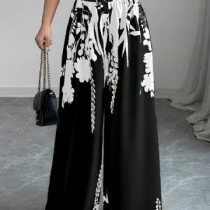 Casual Plants Printing Wide Leg Pants, Pants, color:Black-white|size:XXL, Stylewe
