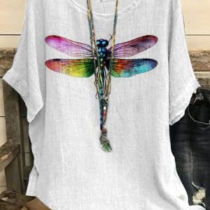 Vintage Dragonfly Print Crew Neck Three Quarter Sleeve Loose T-shirt, T-shirts, color:White|size:4XL, catalog Noracora shop