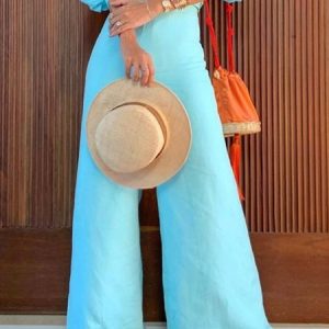 Cotton And Linen Casual Plain Distressing Wide Leg Pants, Pants, color:Blue|size:XXL, Stylewe