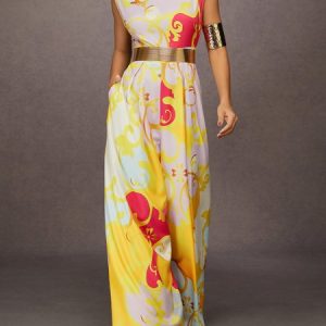 Elegant Floral Stand Collar Wide-Leg Tank Jumpsuit No Belt, Jumpsuits, color:As Picture|size:XXL, Stylewe