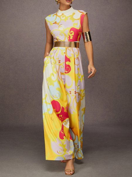 Elegant Floral Stand Collar Wide-Leg Tank Jumpsuit No Belt, Jumpsuits, color:As Picture|size:XXL, Stylewe