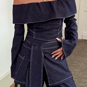 Urban Plain Cold Shoulder Off Shoulder Sleeve Denim Top, Tops, color:Deep Blue|size:XXL, Stylewe