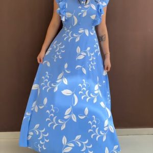 Floral Print Tie Neck Shoulder Ruffles Maxi Dress Casual Waist Shirred A Line Dress, women Print Dresses, ChicMe catalog