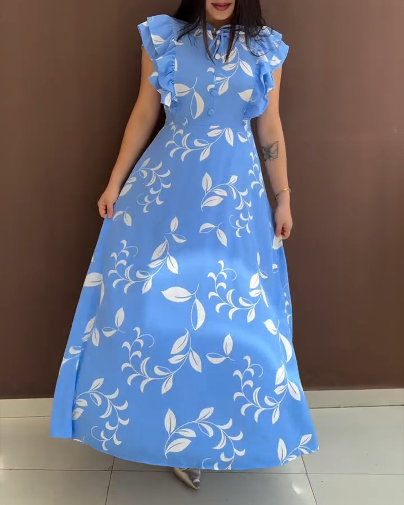Floral Print Tie Neck Shoulder Ruffles Maxi Dress Casual Waist Shirred A Line Dress, women Print Dresses, ChicMe catalog