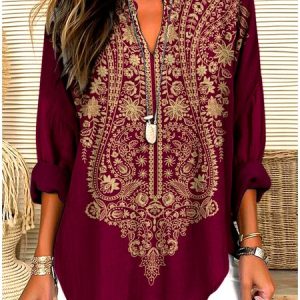 V Neck Long Sleeve Geometric Regular Micro-Elasticity Regular Fit Shirt For Women, Shirts, color:Red|size:4XL, catalog Noracora shop