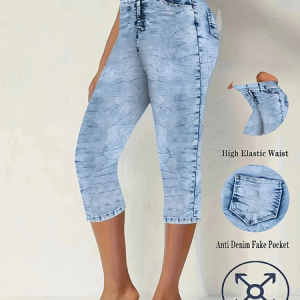 Casual Faux Denim Print Graphic Capris Elastic Waist Pant, Leggings, color:Blue|size:XXL, catalog Noracora shop