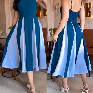 Colorblock Spaghetti Strap Waist A Line Dress Casual Back Shirred Mid-Calf Dress, women Midi Dresses, ChicMe catalog