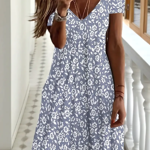 Women Floral Short Sleeve Summer Printing Dress V Neck Daily Casual Midi Fit & Flare Dress A-Line Dress, JustFashionNow Casual Dresses, color:Gray|size:5XL,