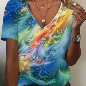 Women Abstract Short Sleeve Tee T-shirt V Neck Printing Casual Summer Graphic Tee Top, JustFashionNow T-Shirts, color:Blue|size:XXL