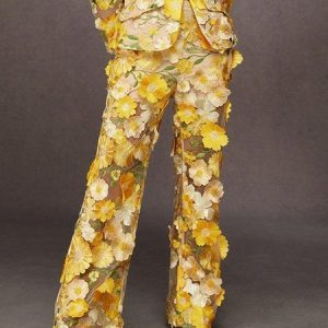 Elegant Floral Embroidery Pants, Pants, color:Yellow|size:XXL, Stylewe