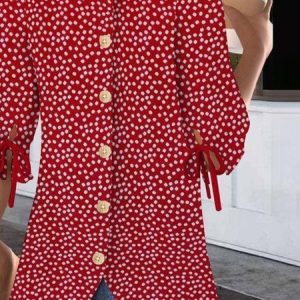 Crew Neck Balloon Sleeve Half Sleeve Polka Dot Pattern Blouse For Women, Shirts, color:Red|size:4XL, catalog Noracora shop