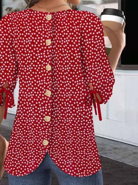 Women Floral Half Sleeve Blouse Summer Crew Neck Balloon Sleeve Daily Casual Top, JustFashionNow Shirts, color:Red|size:4XL,