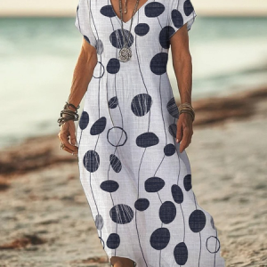 Women Abstract Polka Dots Short Sleeve Summer Printing Dress V Neck Daily Casual Maxi X-Line Dress, JustFashionNow Casual Dresses, color:White|size:3XL,