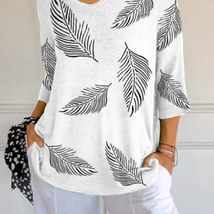 Women Feather Three Quarter Sleeve Tee T-shirt V Neck Printing Casual Spring/Fall Graphic Tee Top, JustFashionNow T-Shirts, color:White|size:5XL,