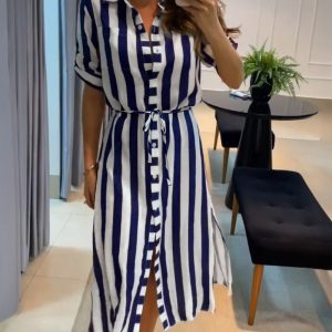 Striped Turn-down Collar Short Sleeve Blouse Dress, women Shirt Dresses, ChicMe catalog