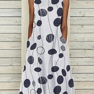 Women Abstract Polka Dots Sleeveless Summer Printing Dress Crew Neck Daily Casual Maxi Fit & Flare Dress H-Line Dress, JustFashionNow Casual Dresses, color:White|size:3XL,
