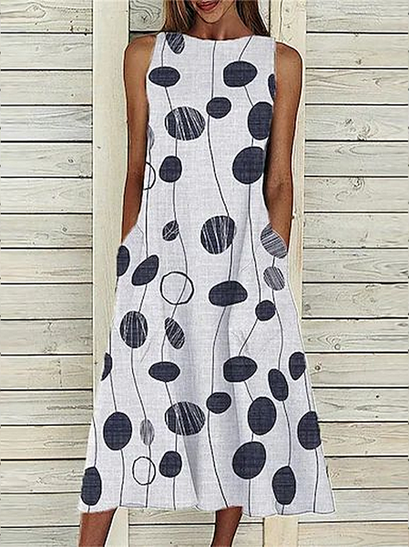 Women Abstract Polka Dots Sleeveless Summer Printing Dress Crew Neck Daily Casual Maxi Fit & Flare Dress H-Line Dress, JustFashionNow Casual Dresses, color:White|size:3XL,
